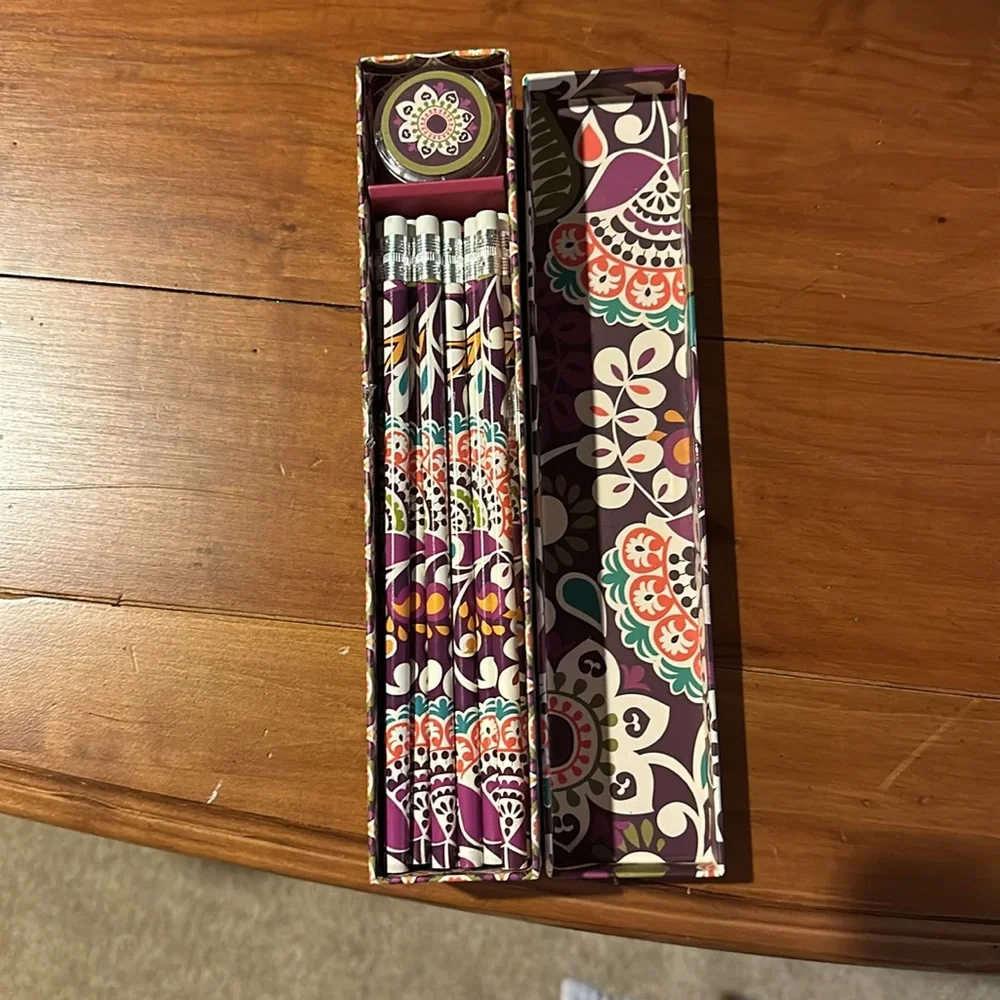 Vera Bradley Pencil box set. 8 of 10 pencils.  Box excellent condition.